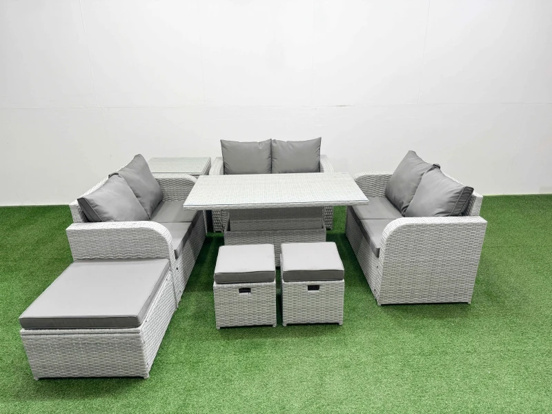 Image of Fimous 9 Seater PE Wicker Rattan Furniture Sofa Sets with Adjustable Lifting Dining or Coffee Table 2 Seater Love Sofa 3 Stool Side Table Light Grey L