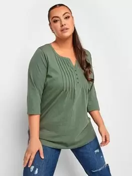 Image of Yours Pintuck Henley Khaki Marl, Green, Size 20, Women