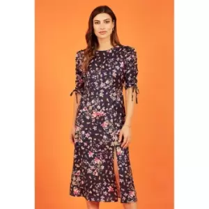 Image of Yumi Navy Animal Floral Print Midi Dress - Blue