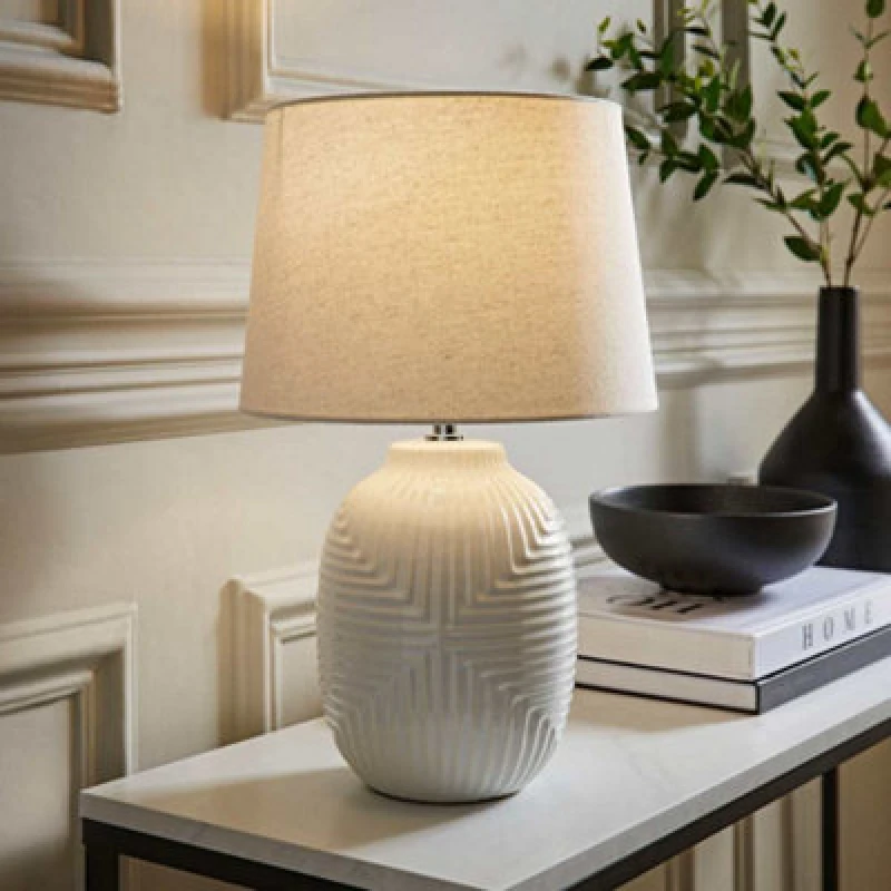 Image of ValueLights ValueLights Harrison Tapered Shade White Geometic Ribbed Pattern Gloss Table Lamp Size: Medium White Medium Unisex 5016529272182