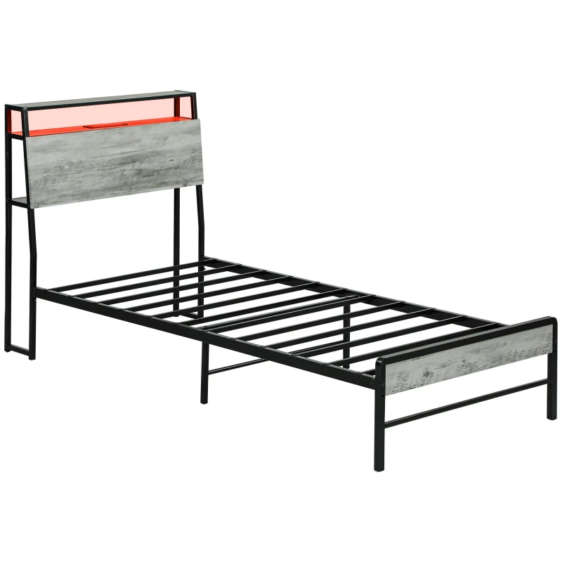 Image of HOMCOM LED Bed Frame with Charging Station, Cement Grey Grey