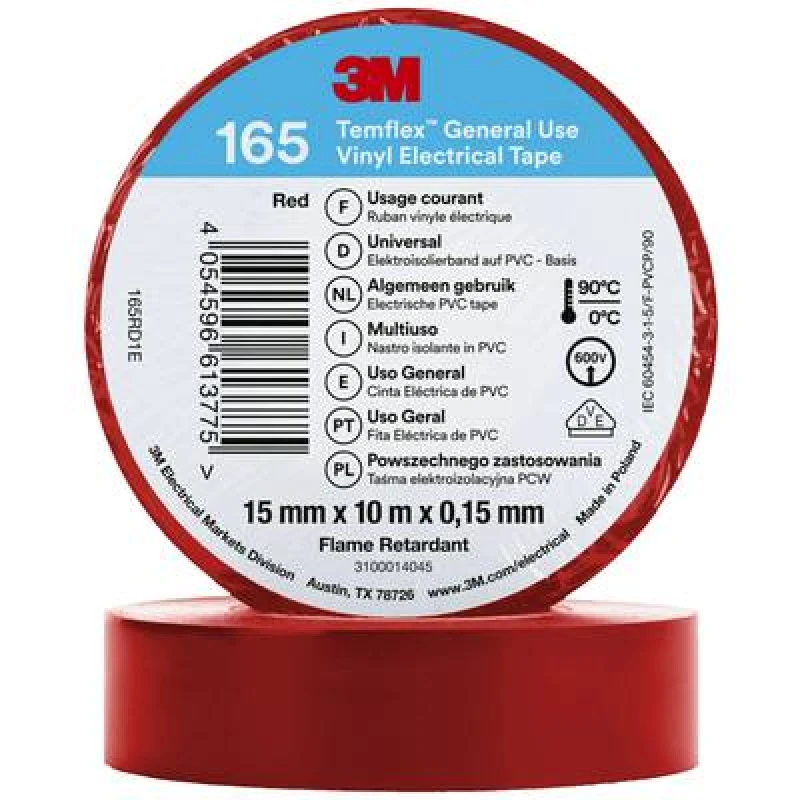 Image of 3M 3M Temflex 165 165RD1E Electrical tape Temflex 165 Red (L x W) 10 m x 15mm 165RD1E
