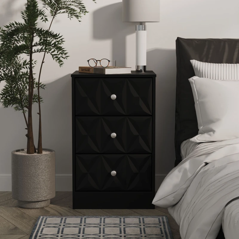 Image of Genoa Ready Assembled Satin Black 3 Drawer Bedside Chest (H)726mm (W)450mm (D)395mm
