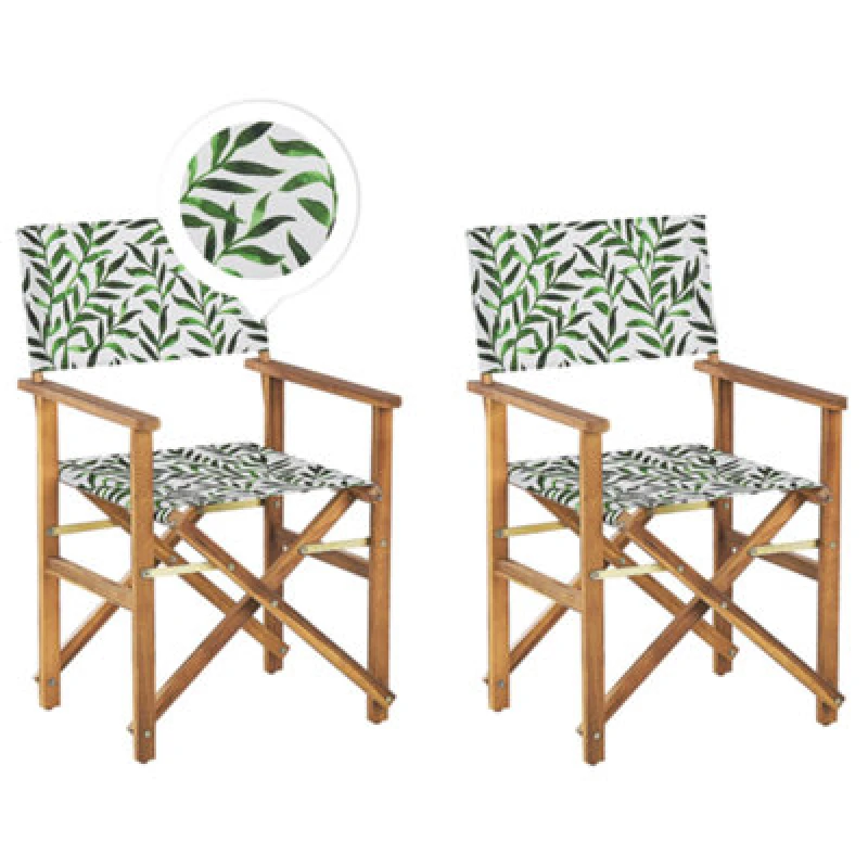Image of BELIANI Beliani - Set of 2 Garden Chairs Light Acacia Wood Grey Leaf Pattern Folding Cine 312448
