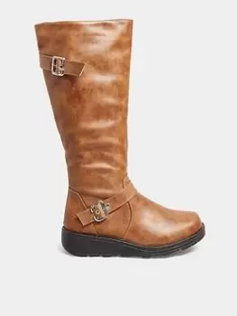 Image of Yours Wide Fit Tan Knee Wedge Boot, Brown, Size 7E, Women