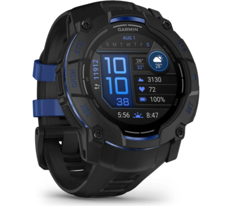 Image of Garmin Instinct 3 AMOLED Smartwatch - 50 mm, Black with Bolt Blue Silicone Band, Black,Blue 753759357153