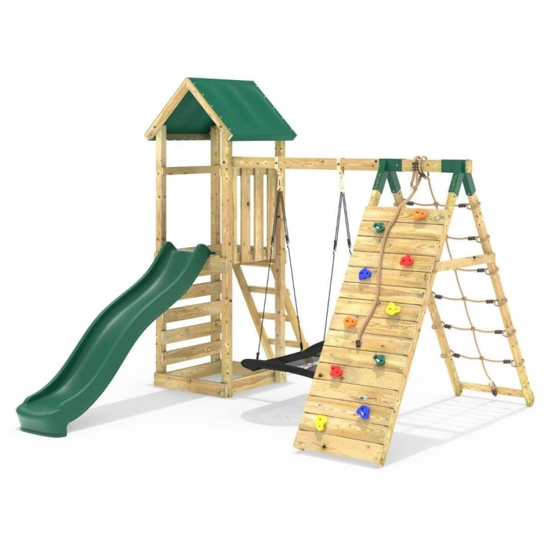 Image of Rebo Wooden Climbing Frame with Swing, Up-and-Over Climbing Wall and Slide - Ferris Green Green