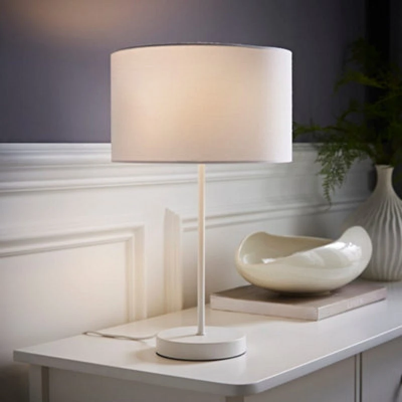 Image of ValueLights Charlie White Metal Single Stem Table Lamp with Fabric Drum Lamp Shade White