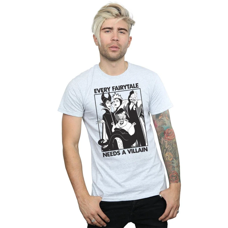 Image of Disney Men Every Fairy Tale Needs A Villain Cotton T-Shirt in Grey Size: Small Grey S Male 5057736602676
