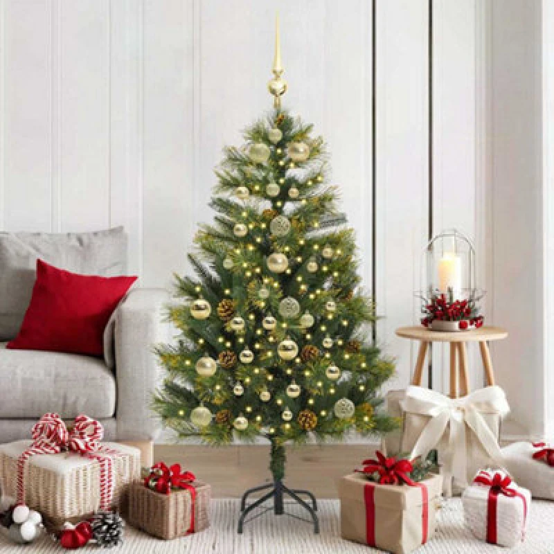Image of vidaXL Artificial Hinged Christmas Tree with Cones, Gold Balls Green 150 cm, Green 3395084