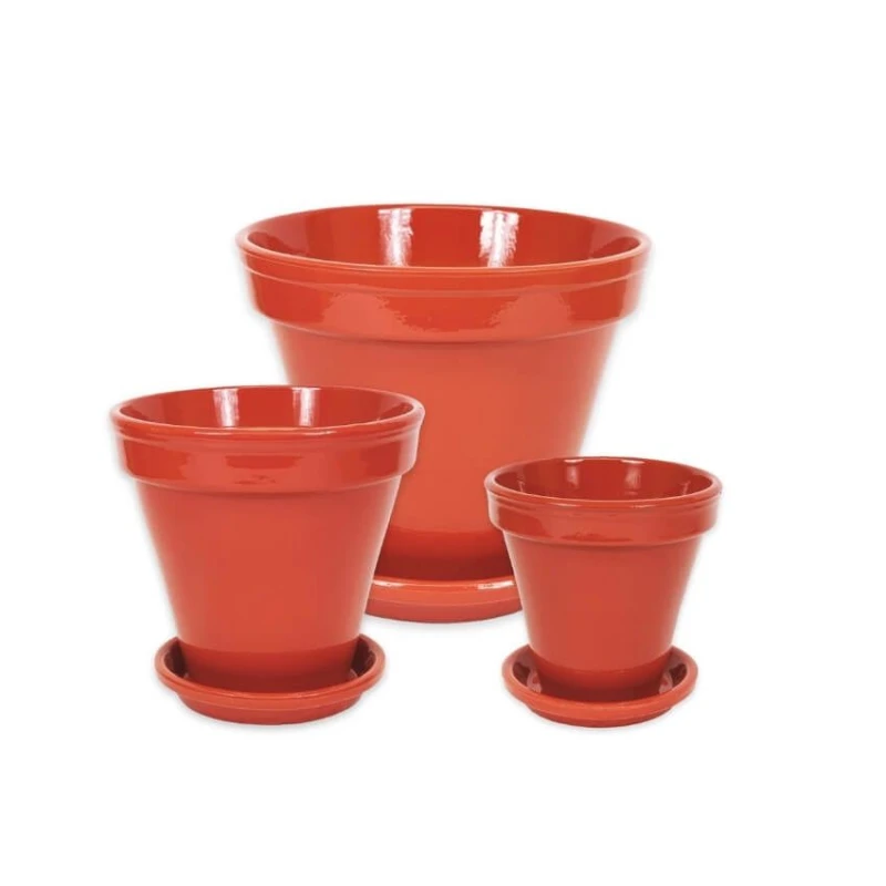Image of Verano Spanish Ceramics Dipped Green Hand Painted Set of 3 Classic Pots & Drainage Plates (D) 16-29cm in Red Red Unisex