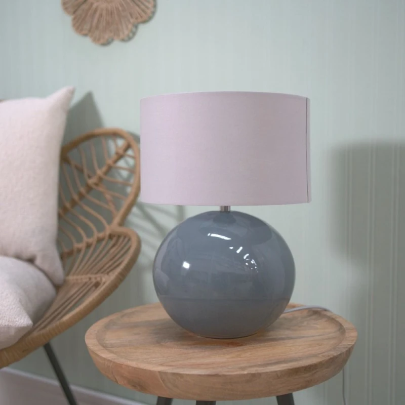 Image of ValueLights Bosco Eucalyptus Teal Globe Ceramic Table Lamp with Fabric Shade and LED Bulb Grey