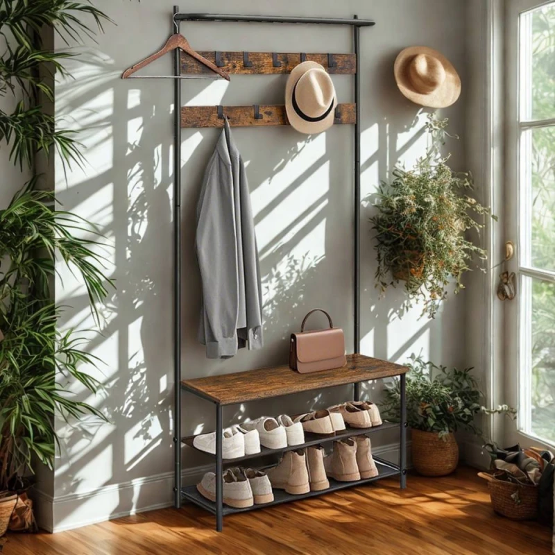 Image of Pirlo Plush Entryway Hall Tree Coat Rack Stand With Shoe Storage in Brown Brown Unisex