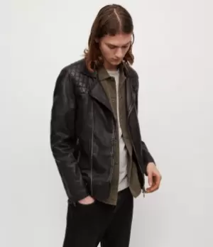 Image of AllSaints Mens Leather Regular Fit Traditional Conroy Biker Jacket, Navy Blue, Size: L