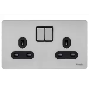 Image of Schneider Electric Ultimate Screwless Flat Plate - Switched Double Power Socket, Double Pole, 13A, GU3420DBSS, Stainless Steel with Black Insert