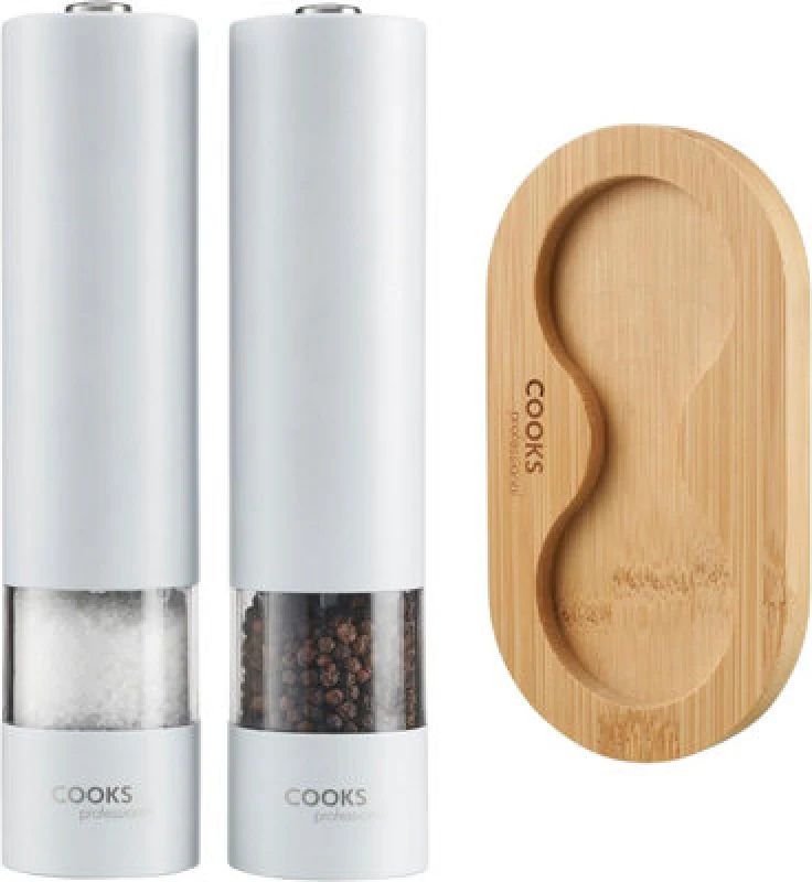 Image of Cooks Professional Electric Salt and Pepper Mill Grinder Set Shaker Automatic with Stand White White unisex