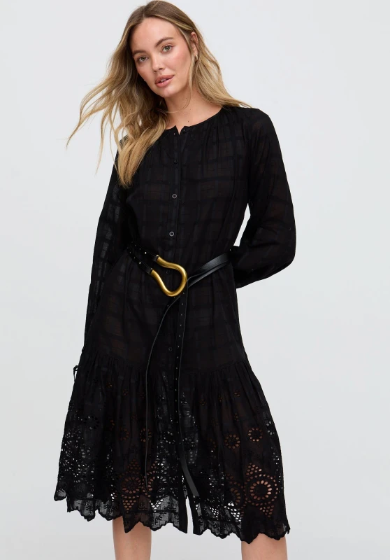 Image of Raffya Womens Olivia Button Down Embroidered Midi Dress In Black Size: 12 Black Female 12