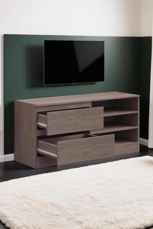 Image of FWStyle FWStyle 2 Drawer Open Shelf Rustic Oak Storage TV Unit in Brown Brown One Size Unisex 5056413124241