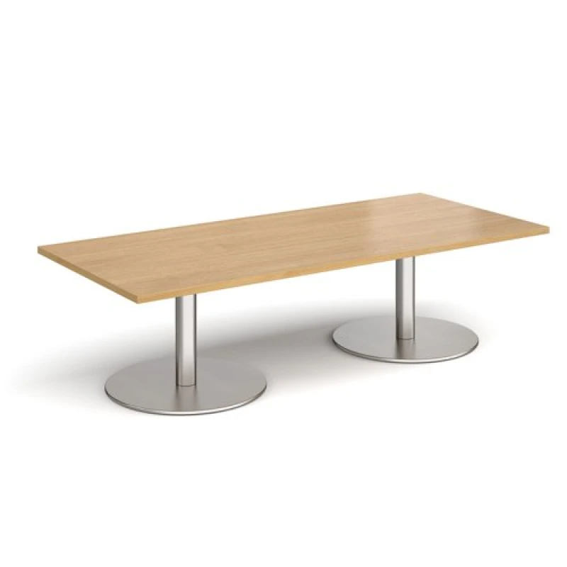 Image of Monza Rectangular Cafe and Bistro Coffee Table with Flat Round Brushed Steel Base - Top 1800mm x 800mm - Oak