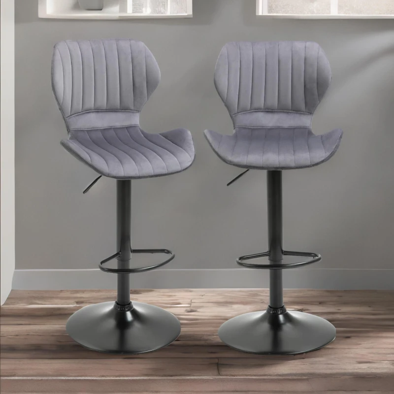 Image of Rafaelo Mobilia Grey Retro Velvet Bar Stools Set Of 2 With Adjustable Height & Swivel Grey Unisex