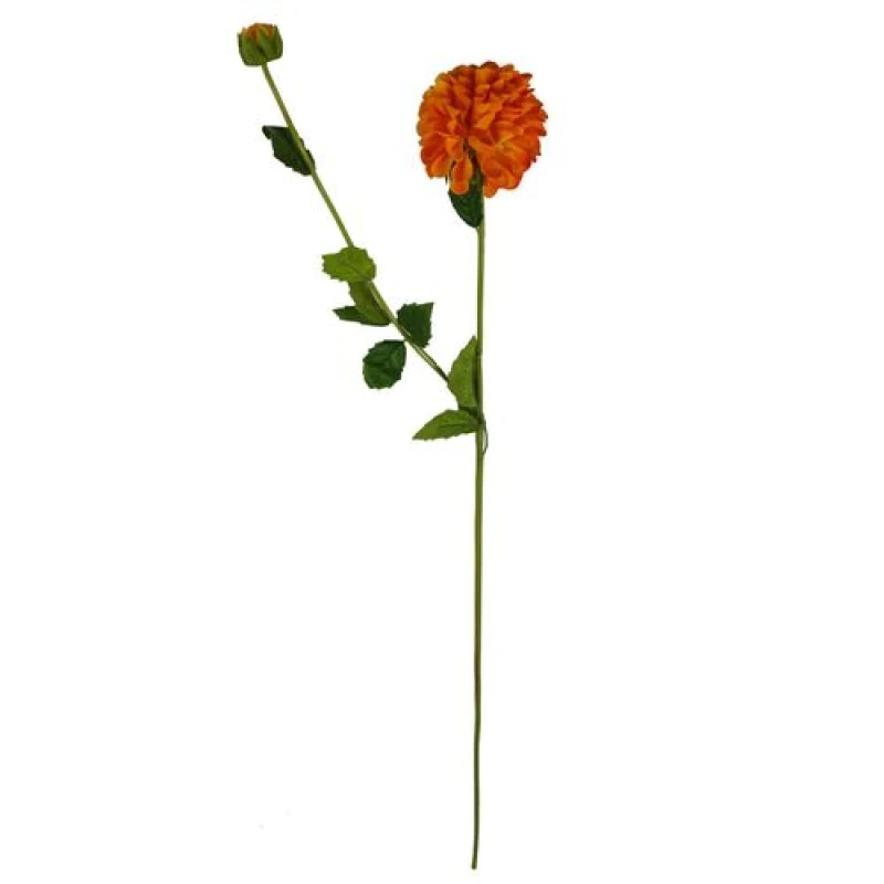 Image of Leaf Pack of 6 x 75cm Artificial Dahlia PomPom Flower Stem Orange
