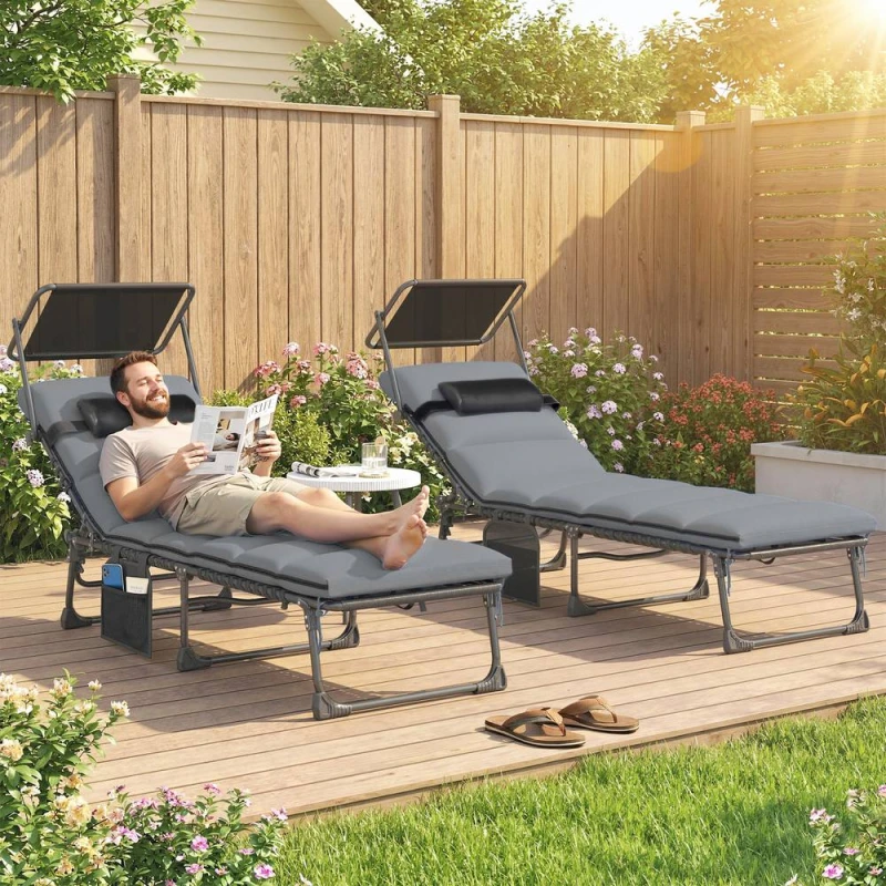 Image of OUTSUNNY Folding Sun Lounger, Sunbed with Canopy in Light Grey Size: 190cm x 60cm Light Grey Unisex 190cm x 60 cm