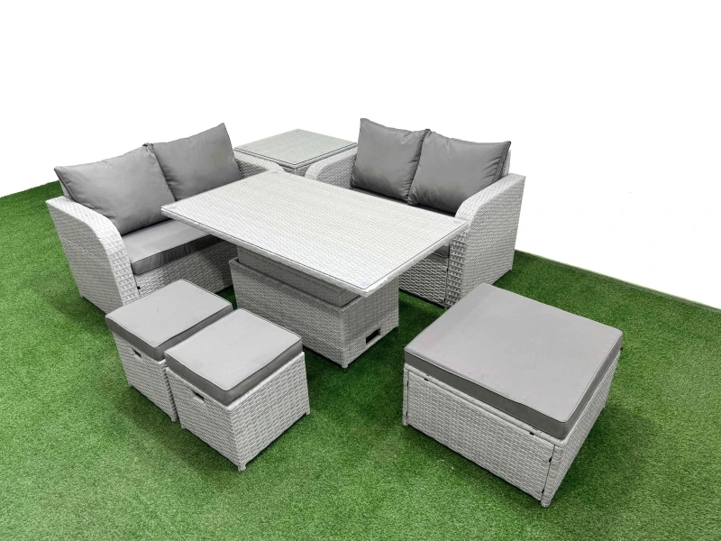 Image of Fimous 7 Seater Outdoor Love Sofa Set Rattan Garden Furniture Set with Adjustable Lifting Dining or Coffee Table 3 Footstool Side Table Light Grey Lig