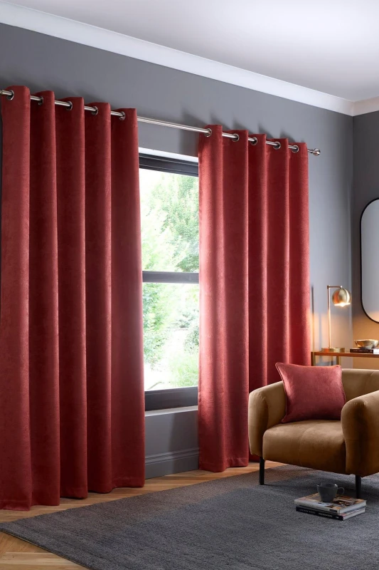 Image of Fusion Strata Dim Out Eyelet Curtains in Terracotta - Brown Brown 90x108in