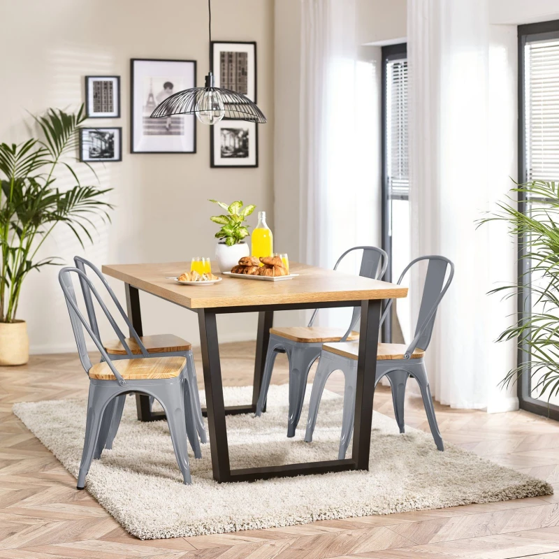 Image of FurnitureboxUK FurnitureboxUK 4 Seater Wood Dining Table - Cotswold 'Oak' Herringbone Dining Table & 4 White Colton Wooden Seat Metal Chairs in Grey G