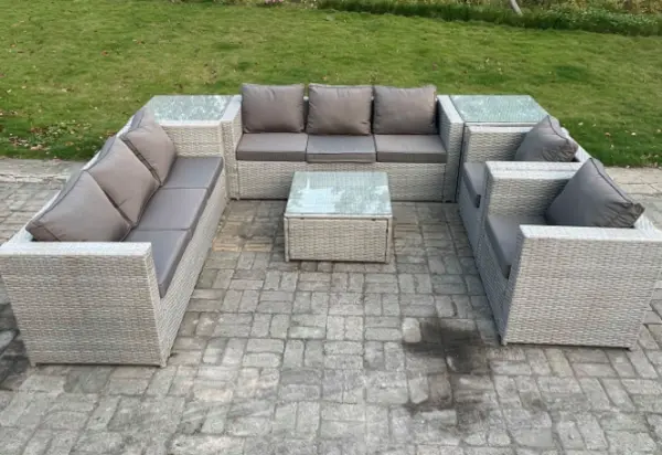 Image of Fimous 4 Seater Outdoor Light Grey PE Rattan Lounge Sofa Complete Set with Square Coffee Table