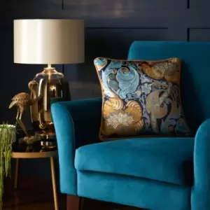 Image of Down the Dilly Velvet Piped Edge Filled Cushion, Ochre/Blue, 43 x 43cm - Laurence Llewelyn Bowen