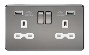 Image of KnightsBridge 13A 2G Screwless Black Nickel 2G Switched Socket with Dual 5V USB Charger Ports - White Insert