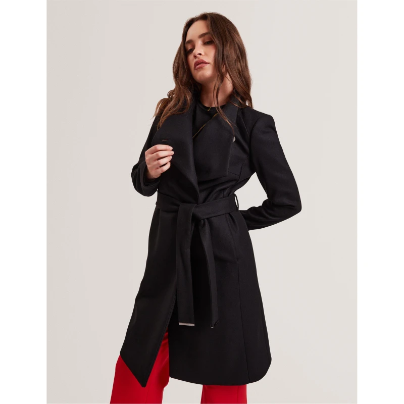 Image of Ted Baker Womens Rose Belted Midi Wool Long Sleeve Coat Black female 6 (2X)