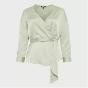 Image of Missguided Plus Size Satin Plunge Tie Front Blouse - Green