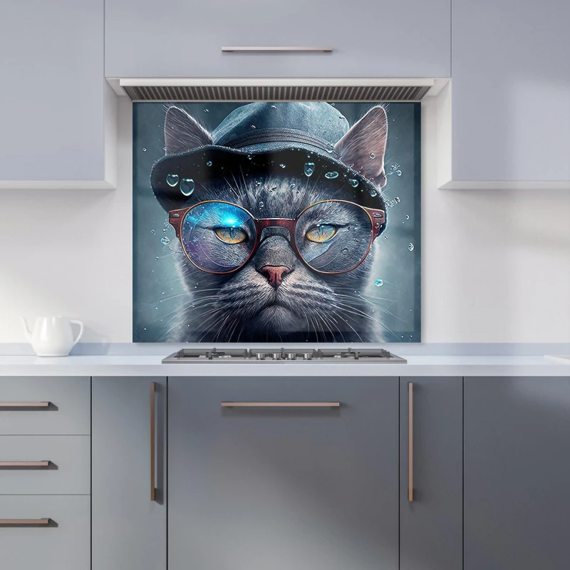 Image of Warren Reed - Designer Russian Blue Cat Splashart Kitchen Splashback Size: 900mm x 750mm Multicolor Unisex 900mm x 750mm