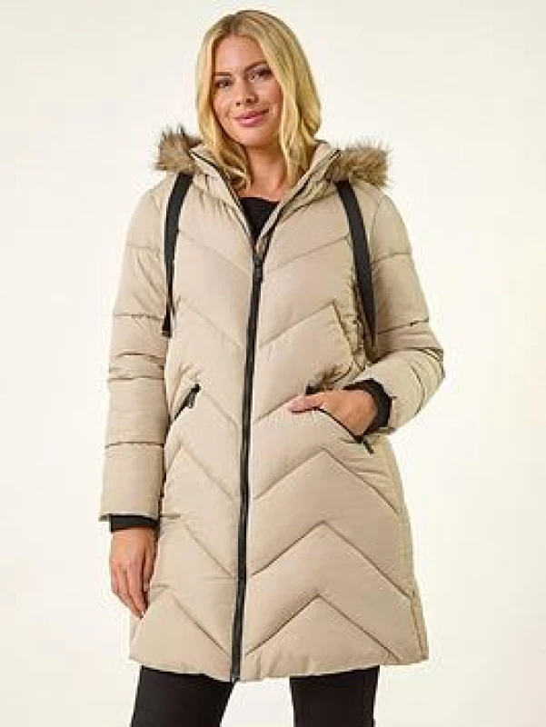Image of Roman Womens Petite Contrast Zip Puffer Coat in Ivory Size: 16 Ivory Female 16