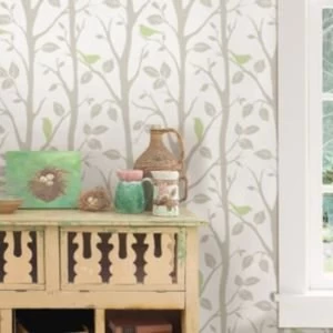 Image of Wallpops Sitting in a tree Grey green Peel stick wallpaper L5500mm W520mm