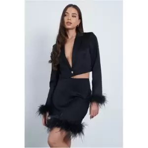 Image of I Saw It First Faux Feather Trim Cropped Blazer With Shoulder Pads - Black