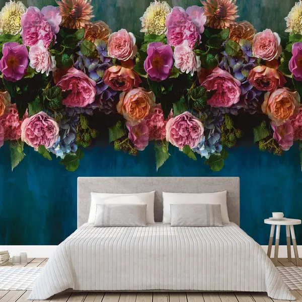 Image of Grandeco Peony Bloom 3 lane repeatable mural 2.8 x 1.59m Blue