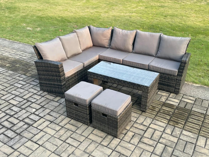 Image of Fimous 8 Seat Rattan Garden Furniture Corner Sofa Set Outdoor Patio Sofa Table Set with 2 Small Footstools Dark Grey Mixed Dark Grey