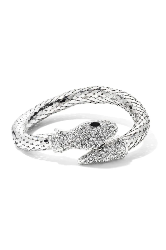 Image of The Fine Collective Womens Silver Tone Snake Bangle Clear Crystal Silver Female One Size