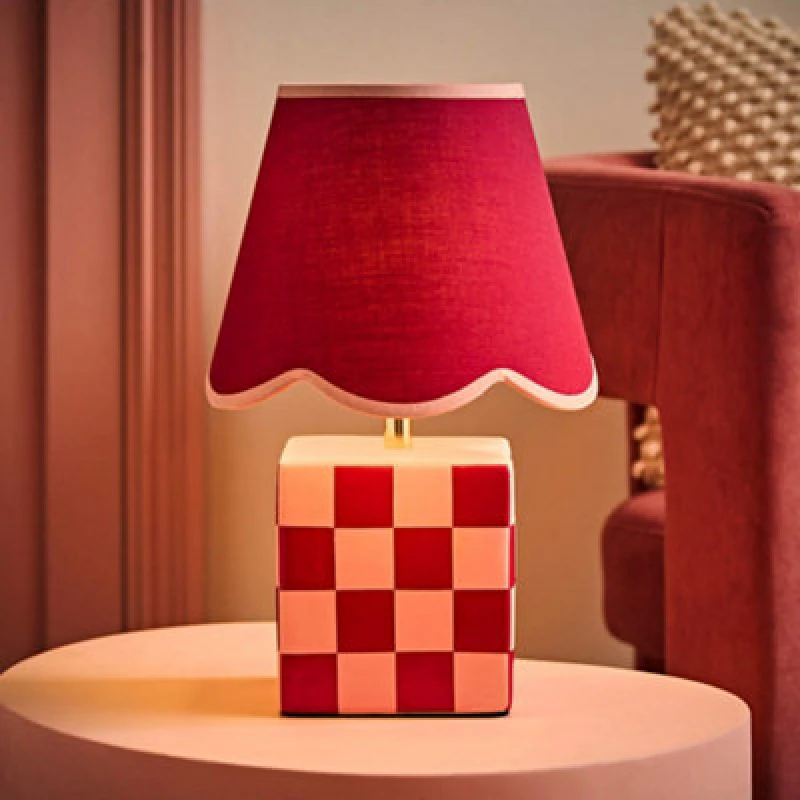 Image of ValueLights ValueLights Evie Check Cube Table Lamp with Trim Linen Scallop Lamp Shade and Bulb in Burgundy Burgundy One Size Unisex 5059406071058