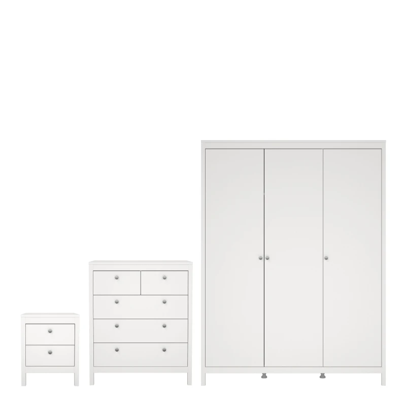 Image of Furniture To Go Madrid 3 Piece Bundle, Bedside, Chest & 3 Door Wardrobe in White White Unisex