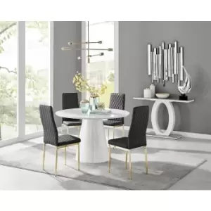 Image of Furniturebox Palma White High Gloss 4 Seat Minimalist Post Modern Round Dining Table & 4 Black Milan Gold Leg Faux Leather Chairs