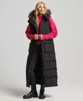 Image of Superdry Womens Hooded Faux Fur Longline Puffer Gilet Black - Size: 12