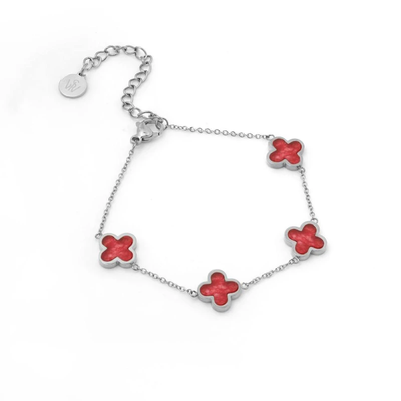 Image of Say It With Cherry Red Crystal Clover Bracelet - Silver Size: 7.5 inches Silver Unisex 7.5 inches