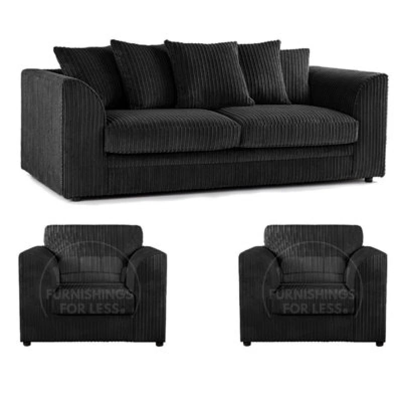 Image of Furnishings For Less UK Luxor Jumbo Cord 3 + 1 + 1 Fabric 3 Piece Sofa Suite - Scatter Back Black