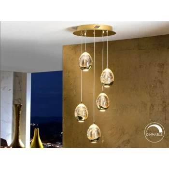 Image of Schuller Roc - Integrated LED 5 Light Crystal Cluster Drop Ceiling Pendant Gold Bubble Effect