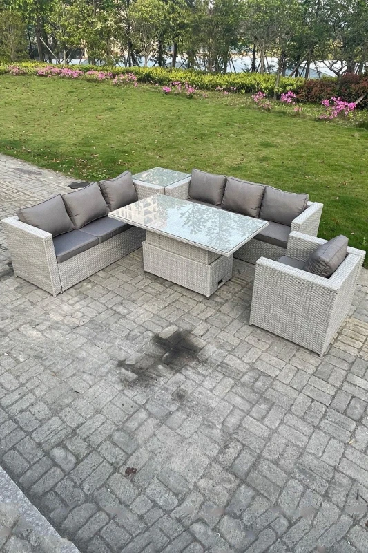 Image of Fimous Fimous Rattan Garden Funiture Set Adjustable Rising Lifting Table Sofa Dining Set Side Table Light Grey