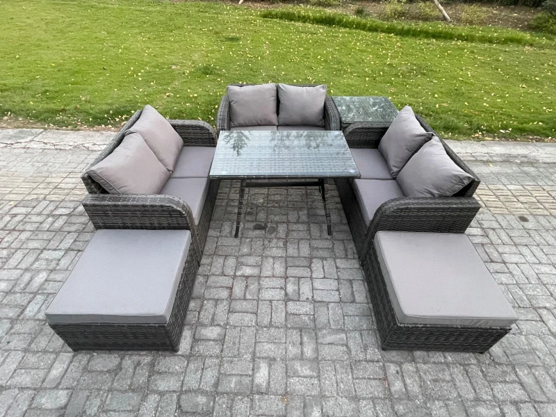 Image of Fimous Outdoor Rattan Garden Furniture Set 8 Seater Patio Love Sofa Set with Rectangular Dining Table 2 Big Footstool Side Table Dark Grey